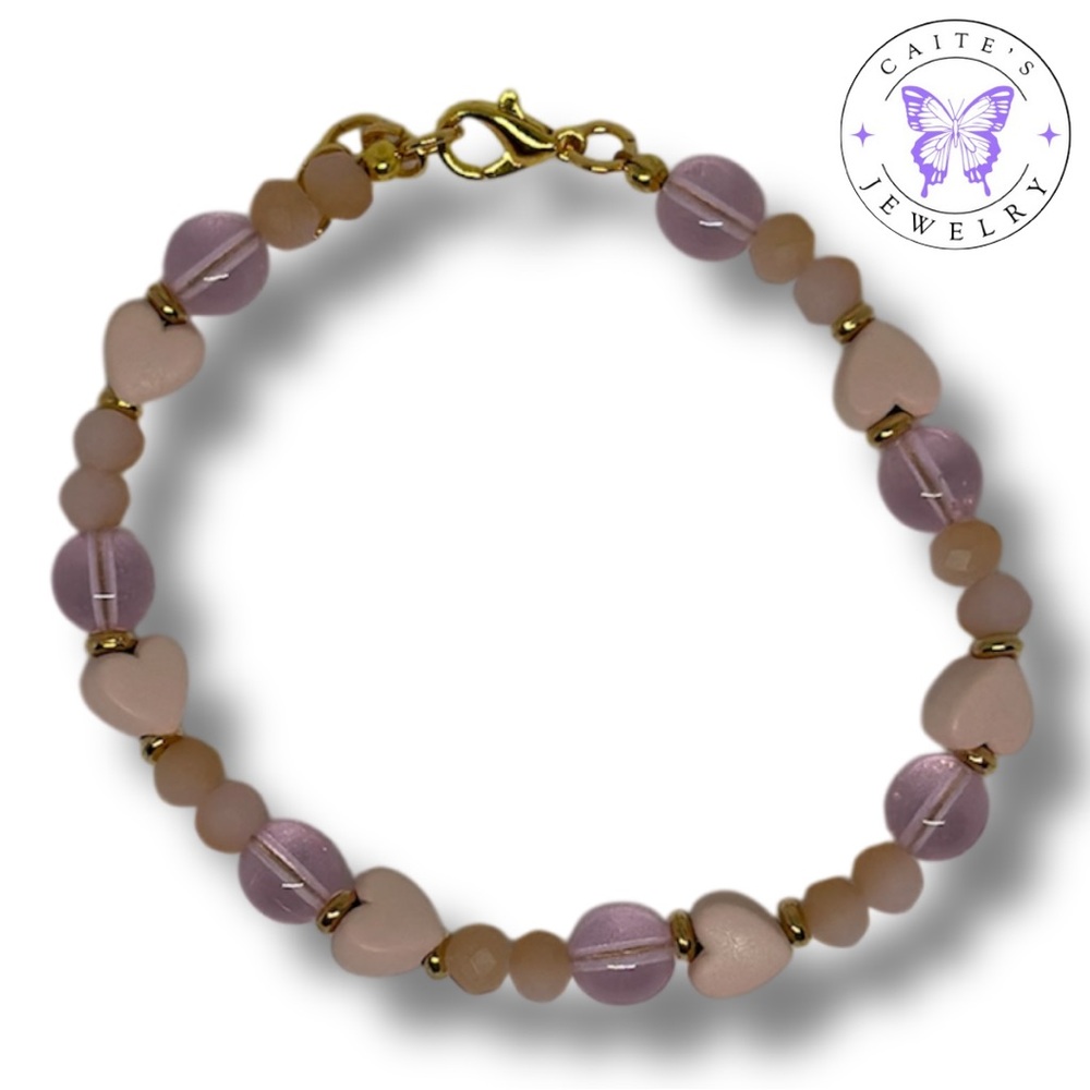 Handmade Gold Wire Bracelet with Pink Heart Beads